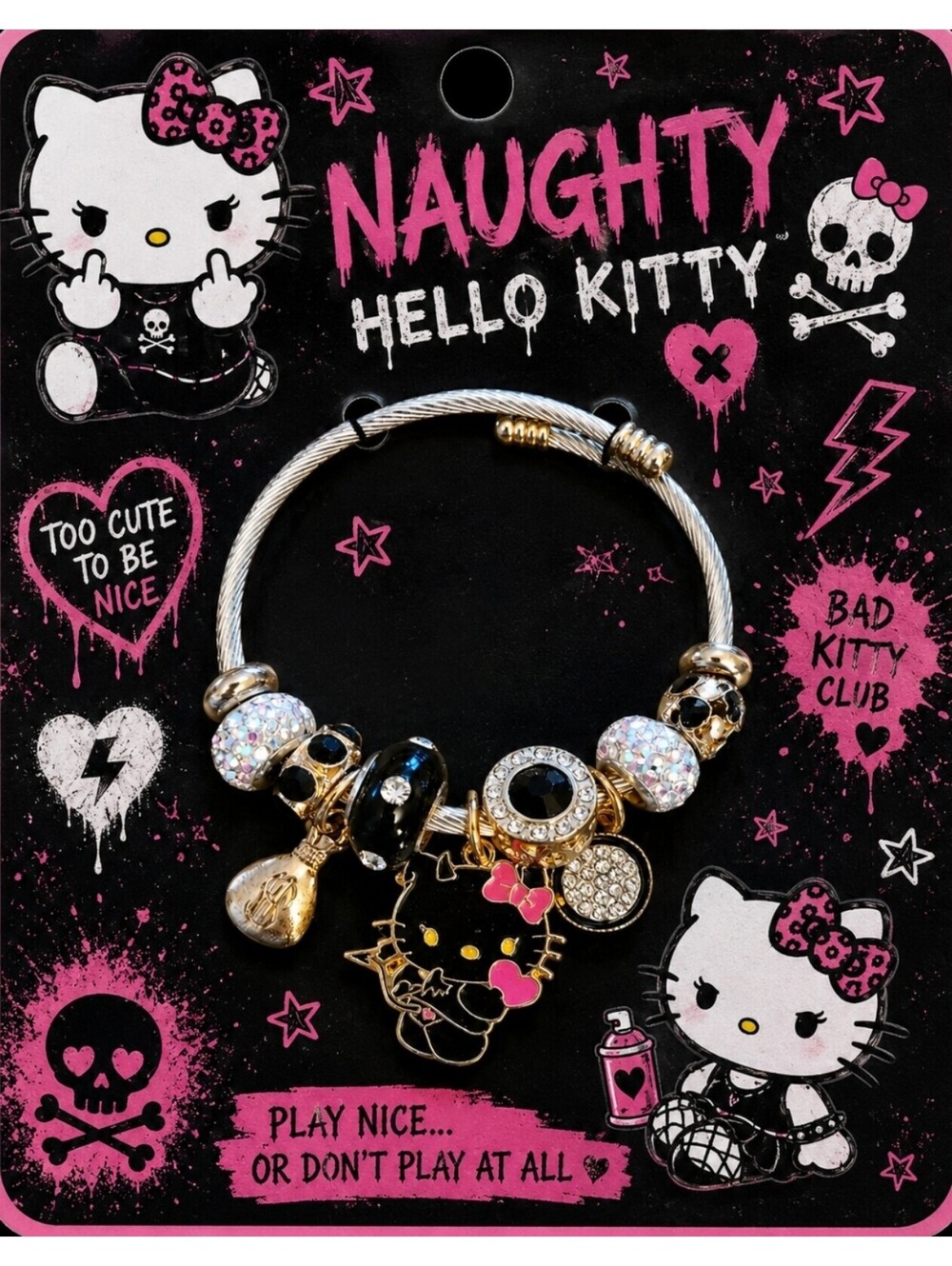 Kawaii Naughty Hello Kitty Black Gold Crystal Bead Charm Bracelet